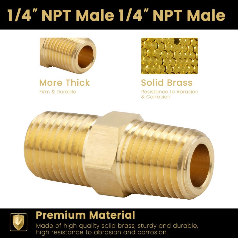 KOOTANS 1/4 NPT x 1/4 NPT Male Solid Brass Hex Nipples, Heavy Brass Pipe Adapter Fittings Equal Nipples Connectors 4Pieces - Image 3